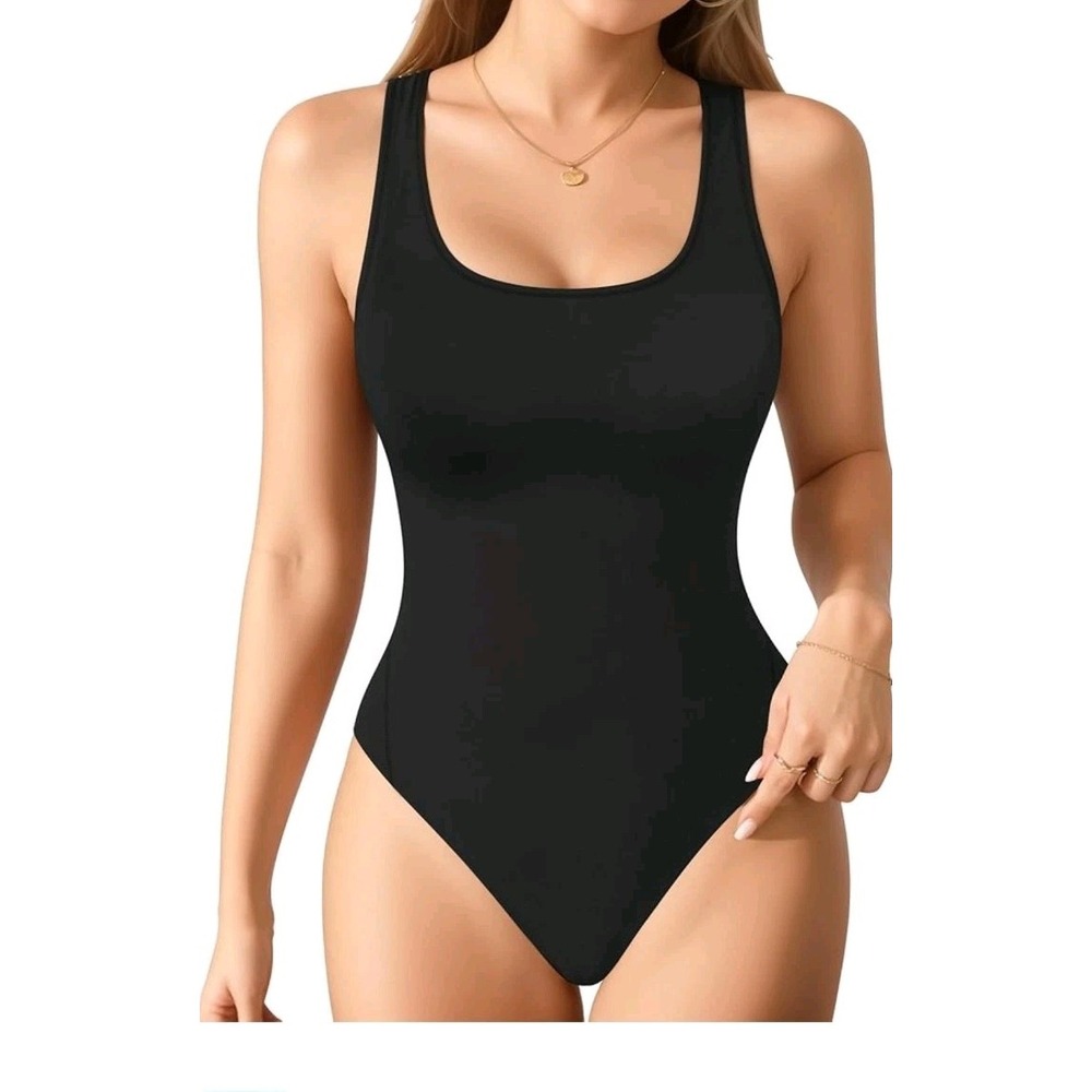 MANGOPOP Women Tank Top Bodysuit Scoop Neck Sleeveless Racerback Black Large